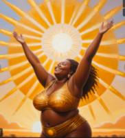 The crown chakra plus-size African woman joyfully embracing the sun with her arms outstretched